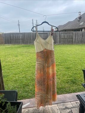Sleeveless Orange & Cream Maxi Dress with Tropical Print